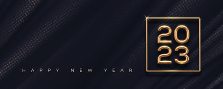 2023 new year golden logo on abstract black textile background. Greeting design with realistic gold metal number of year. Design for greeting card, invitation, calendar, etc.のイラスト素材