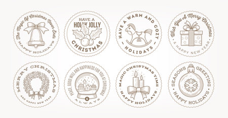 Decorative line art frame with christmas greetings and symbols. vector illustration. Holiday stamp with christmas objects.のイラスト素材