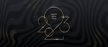 Golden 2023 New Year logo on black striped background with glitter gold. Holiday greeting card. Holiday design for greeting card, invitation, calendar, etc. vector illustration.のイラスト素材