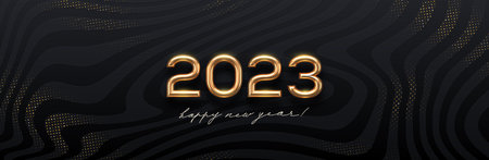 2023 new year golden logo on abstract black waves background. Greeting design with realistic gold metal number of year. Design for greeting card, invitation, calendar, etc. vector illustration.のイラスト素材