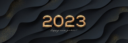 2023 new year golden logo on abstract black waves background. Greeting design with realistic gold metal number of year. Design for greeting card, invitation, calendar, etc.のイラスト素材