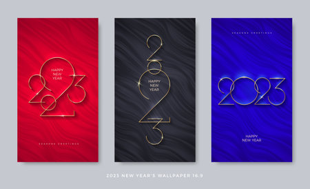 Set of abstract wave background with 2023 new year golden logo. Luxury template design with golden number of year. Wallpaper with aspect ratio 16:9.のイラスト素材