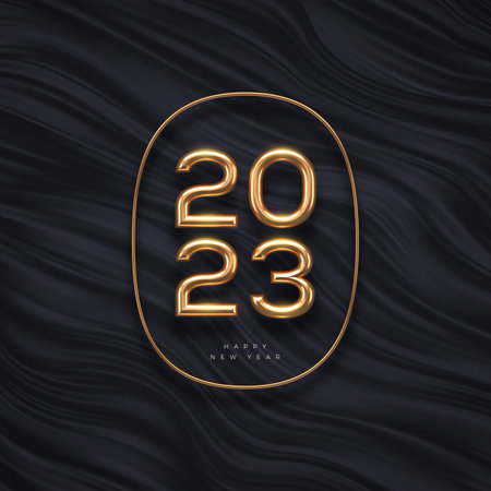 2023 new year golden logo on abstract black waves background. Greeting design with realistic gold metal number of year. Design for greeting card, invitation, calendar, etc.のイラスト素材