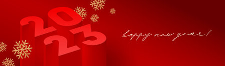 2023 new year greeting card with 3d realistic render number of the year with golden snowflakes. vector illustration.のイラスト素材