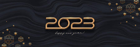2023 new year greeting card with golden number of year and snowflakes on a black waves abstract background. Design for invitation, calendar, greeting card, etc.のイラスト素材