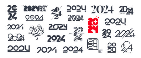 Set of 2024 new year logo. Number of year design. Design elements for greeting card, invitation,...