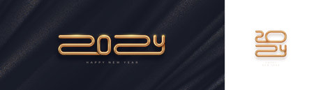 2024 new year golden logo on abstract black fabric background. Greeting design with realistic gold metal number of year. Design for greeting card, invitation, calendar, etc.のイラスト素材