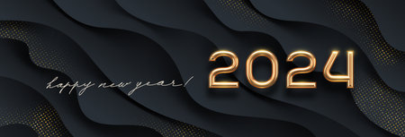 2024 new year golden logo on abstract black waves background. Greeting design with realistic gold...
