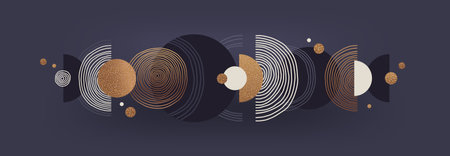 Abstract minimalistic background with circles and semicircle shape. Boho and scandinavian style design template with gold color. Vector design element for card, invitation, poster, header, social media.のイラスト素材