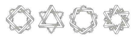 Set of tattoo style line art emblem with impossible shape with thorns branches. Vector illustration.のイラスト素材