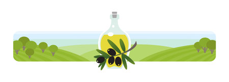A bottle of olive oil and olive branch against a landscape with agricultural cultivated fields. Vector illustration.のイラスト素材