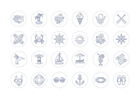 Set of summer holiday, beach vacation and travel icon set. Line icon set vector illustration.のイラスト素材