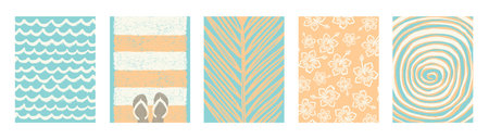 Set of beach vacation and summer holidays hand drawn posters or greeting card. Vector illustration.のイラスト素材