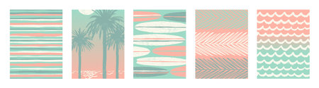 Set of tropical vacation and summer holidays hand drawn posters or greeting card. Vector illustration.のイラスト素材