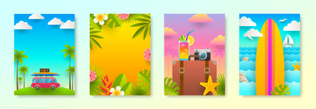 Set of tropical vacation and summer holidays design for posters or greeting card with copy space. Vector illustration.のイラスト素材