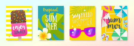 Set of tropical vacation and summer holidays design for posters or greeting card. Vector illustration.のイラスト素材