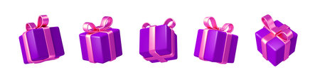 Set of realistic 3d render gift boxes. Purple gift box with pink bow and ribbon. Gift box in different angles. Vector illustration.のイラスト素材