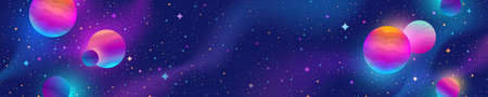Space banner with colorful stars and planets. Vector horizontal background with copy space.のイラスト素材