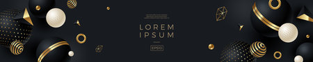 Abstract vector banner. Black geometric shape with golden elements on black background. Horizontal vector liiustration with copy space.のイラスト素材