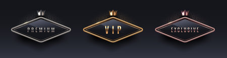 VIP, premium and exclusive sign with 3d metal frame and crown. Golden, silver and bronze metallic luxury sign on black background. Vector set.のイラスト素材