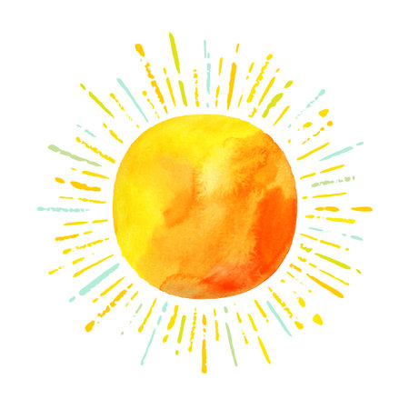 Summer holidays greeting card. Watercolor sun with multicolored sunburst. Vector illustration with copy space.のイラスト素材