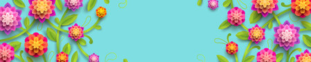 Banner with artificial paper flowers on a blue background and copy space. Vector illustration.のイラスト素材