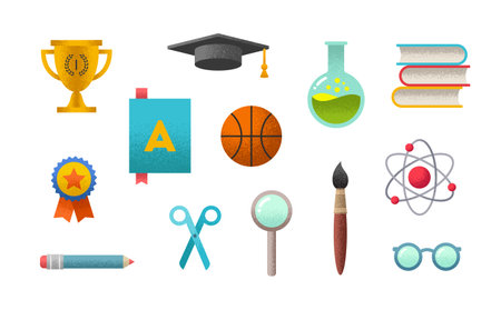 Set of school object, supplies and accessories. Vector illustration with grain textures.のイラスト素材
