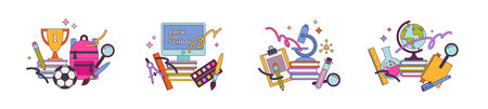 Set of back to school illustrations with school object, supplies and stationery. Vector illustration.のイラスト素材