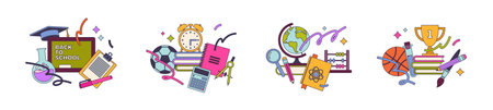 Set of back to school illustrations with school object, supplies and stationery. Vector illustration.のイラスト素材