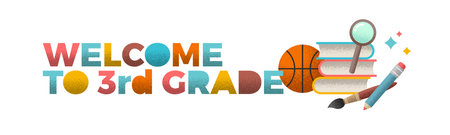 Welcome to 3rd grade - banner with school objects. Vector illustration with grain texture.のイラスト素材