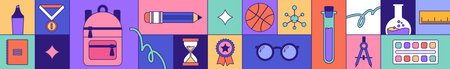 Back to school banner with school object, supplies and stationery. Vector illustration.のイラスト素材