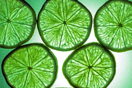 Macro shot of a slice of lime in transmitted lightの写真素材