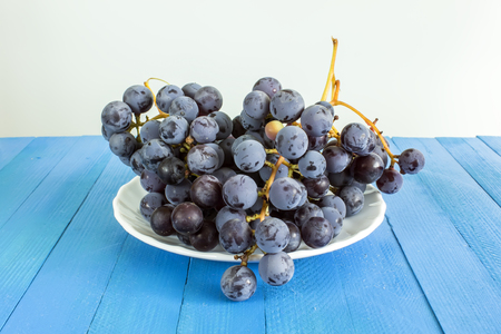 Black grapes on a white plate and blue backgroundの写真素材