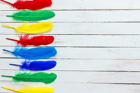 Beautiful multicolored feathers on a white wooden backgroundの写真素材