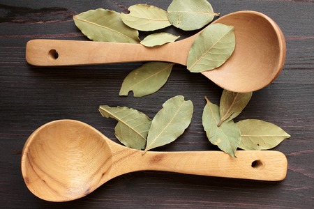 Wooden spoons on a table with leaves of a laurel. View from aboveの写真素材