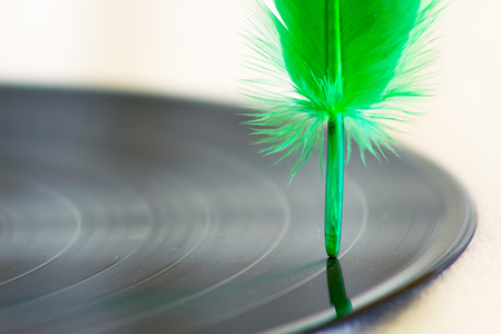 Segment of vinyl record with Old feather.Writing music.の写真素材