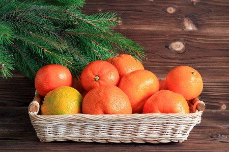 Tangerines with spruce branches on a wooden background. Symbol of the New Year in Russia.の写真素材