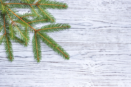 Christmas green pine fir spruce branch on wooden background