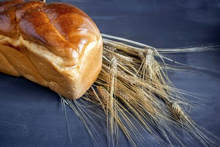 Assortment of freshly baked breads with ears of wheat on black background. Shallow depth of field