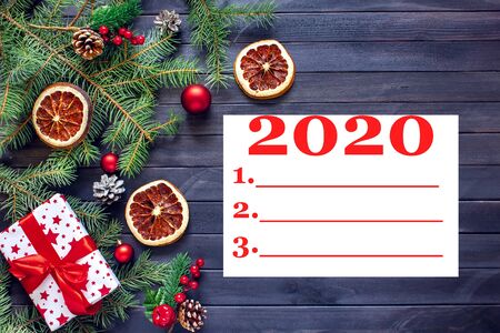 Merry christmas and happy new year background with white box for writing text . Top view.