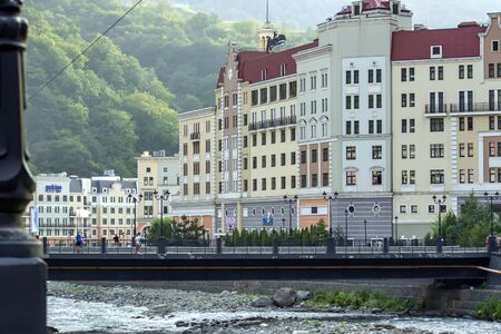 Russia. Rosa Khutor. Krasnaya Polyana. Sochi. 28 July 2018. Streets, cafes and houses of the Russian...