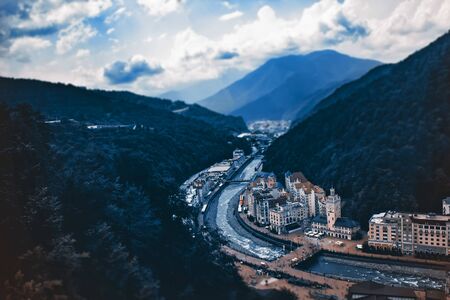 Russia. Rosa Khutor. Krasnaya Polyana. Sochi. 28 July 2018. Streets, cafes and houses of the Russian resort Rosa Khutor.のeditorial素材