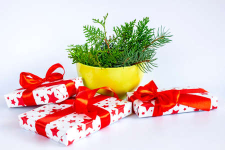 The gift for the new year lies on the branches of the thuja on white isolated background.の写真素材