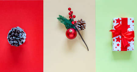 New Year and Christmas decor on multi-colored paper. Modern creative style. Top view. Flat lay