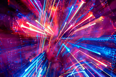 Neon lights texture with long exposure. Travel in the future. Lighting for holidayの写真素材