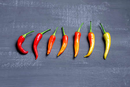 Variety of chili peppers. Red, green and yellow chili pepper on dark background top viewの写真素材