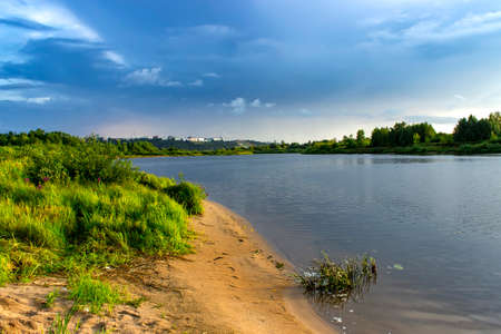 green grass near the river on a summer evening. Nature grass near the river.の写真素材