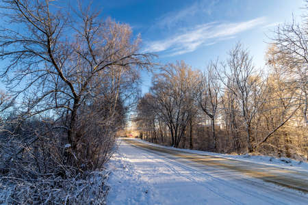 Empty snow covered road in winter landscape. Road in the winter timeの写真素材