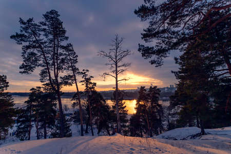 Beautiful winter sunset with trees in the snow on riverの写真素材