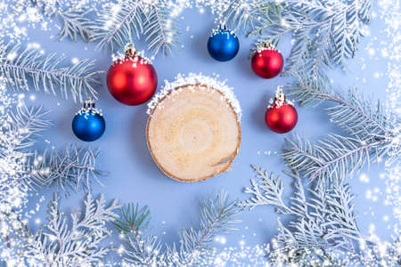 Thuja branches with a red Christmas ball on a blue background. Top view. Place for textの写真素材